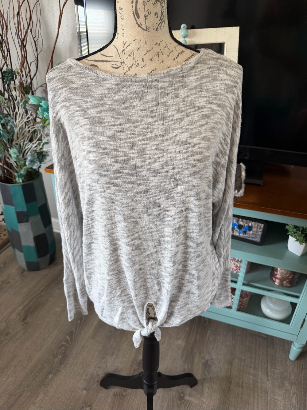 New Directions Studio Tie-Front Marled Gray Long Sleeve Top Small